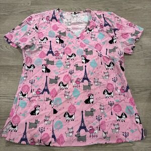 Pink GT Performance Dogs In Paris Eiffel Tower Medical Scrub Top | Size L